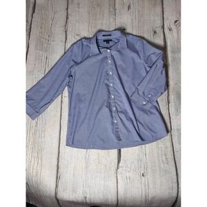 Lands End Womens Blue Red Gingham Check Button Down Shirt 3/4 Sleeve Size 14
